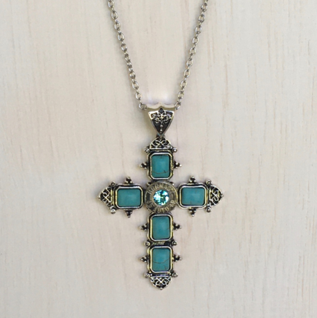 45 Caliber Silver and Turquoise Cross Necklace - Smok'n Hot Brass